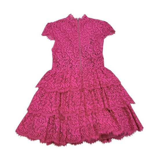 Alice and Olivia Fuschia Pink Lace Mock Neckk dress ruffled tiered mini cotton 6 - Picture 8 of 9